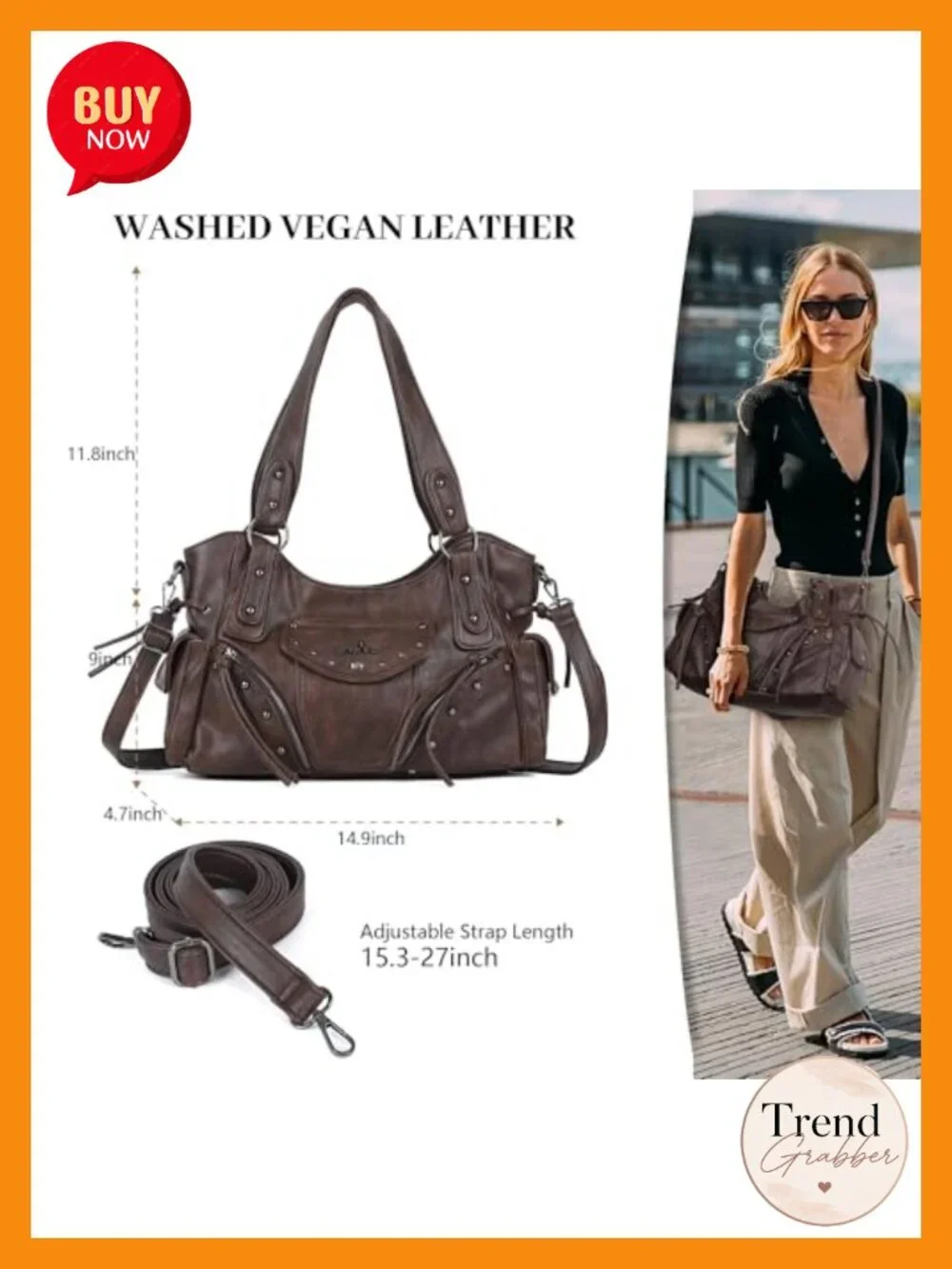 Vegan Leather Hobo Bag with Crossbody Strap Roomy Satchel
